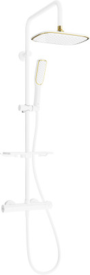 Mexen KT49  Set de  dus  montat pe perete cu cap de  dus  cu efect de ploaie si  baterie termostatica  ,  alb/ auriu - 771504993-25