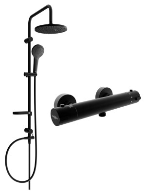 Mexen Erik Set de  dus  montat pe perete cu cap de  dus  cu efect de ploaie si  baterie termostatica  de  dus  Kai,  negru - 77100205-70