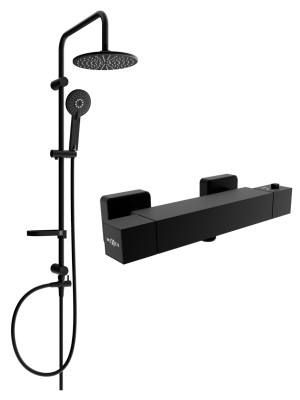 Mexen Carl Set de  dus  montat pe perete cu cap de  dus  cu efect de ploaie si  baterie termostatica  de  dus  Cube,  negru - 77200240-70
