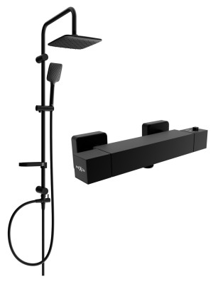 Mexen Sven Set de  dus  montat pe perete cu cap de  dus  cu efect de ploaie si  baterie termostatica  de  dus  Cube,  negru - 77200262-70
