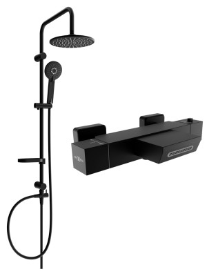 Mexen Carl un set de Cada- dus  cu cap de  dus  cu efect de ploaie si  baterie termostatica  pentru baie Cube,  negru - 77360240-70