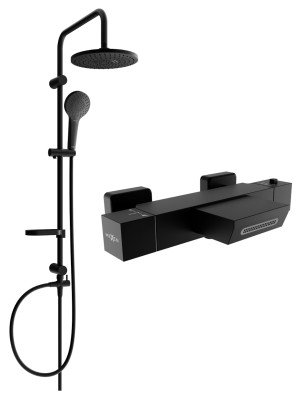 Mexen Erik un set de Cada- dus  cu cap de  dus  cu efect de ploaie si  baterie termostatica  pentru baie Cube,  negru - 77360205-70