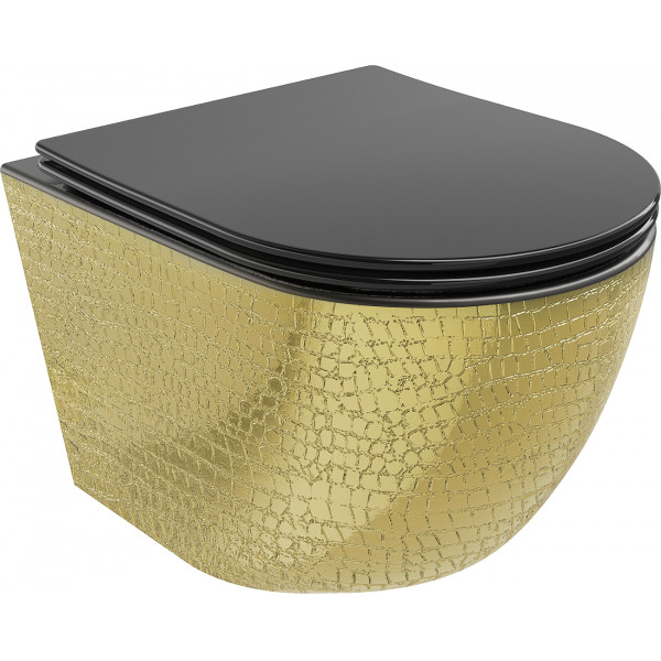 Mexen Lena wc Rimless  cu capac soft close  slim, duroplast,  negru mat/auriu model de scar? - 30224078