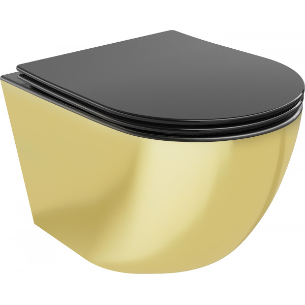 Mexen Lena wc Rimless  cu capac soft close  slim, duroplast,  negru mat/auriu - 30224076
