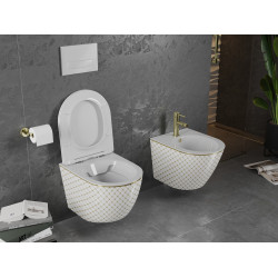 Mexen Lena wc Rimless  cu capac soft close  slim, duroplast,  alb/auriu model în carouri - 30224009