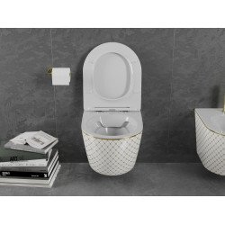 Mexen Lena wc Rimless  cu capac soft close  slim, duroplast,  alb/auriu model în carouri - 30224009