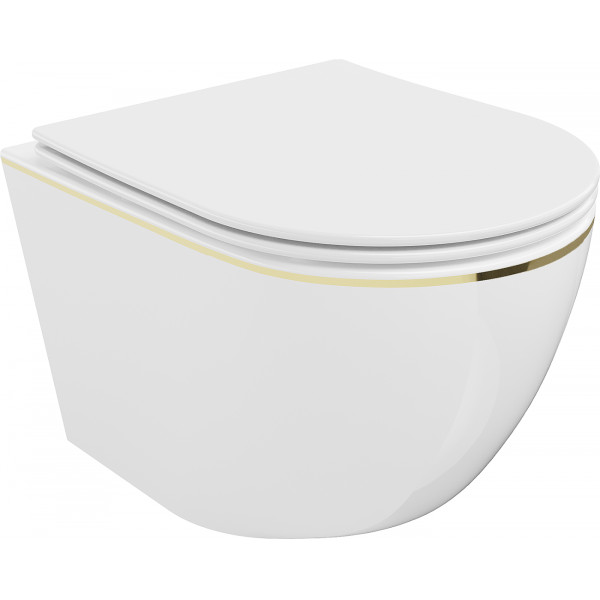 Mexen Lena wc Rimless  cu capac soft close  slim, duroplast,  alb/auriu linia - 30224005