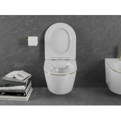 Mexen Lena wc Rimless  cu capac soft close  slim, duroplast,  alb/auriu linia - 30224005