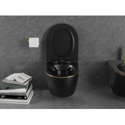 Mexen Lena wc Rimless  cu capac soft close  slim, duroplast,  negru mat/auriu linia - 30224075