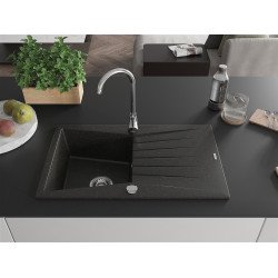 Mexen Cesar   Chiuveta bucatarie granit 1 cuva + picurator+ cadou pop up sifon   775 x 470 mm, negru / auriu - 6514771010-75