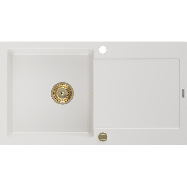 Mexen Leo   Chiuveta bucatarie granit 1 cuva + picurator+ cadou pop up sifon   900 x 500 mm, alb , sifon  auriu  - 6501901010-20-G