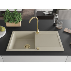 Mexen Leo   Chiuveta bucatarie granit 1 cuva + picurator+ cadou pop up sifon   900 x 500 mm, beige, sifon  auriu  - 6501901010-69-G