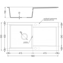 Mexen Leo   Chiuveta bucatarie granit 1 cuva + picurator+ cadou pop up sifon   900 x 500 mm, gri , sifon  auriu  - 6501901010-71-G