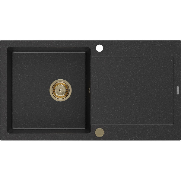 Mexen Leo   Chiuveta bucatarie granit 1 cuva + picurator+ cadou pop up sifon   900 x 500 mm, negru / chrom, sifon  auriu  - 6501901010-73-G