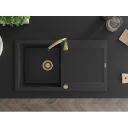 Mexen Leo   Chiuveta bucatarie granit 1 cuva + picurator+ cadou pop up sifon   900 x 500 mm, negru / chrom, sifon  auriu  - 6501901010-73-G