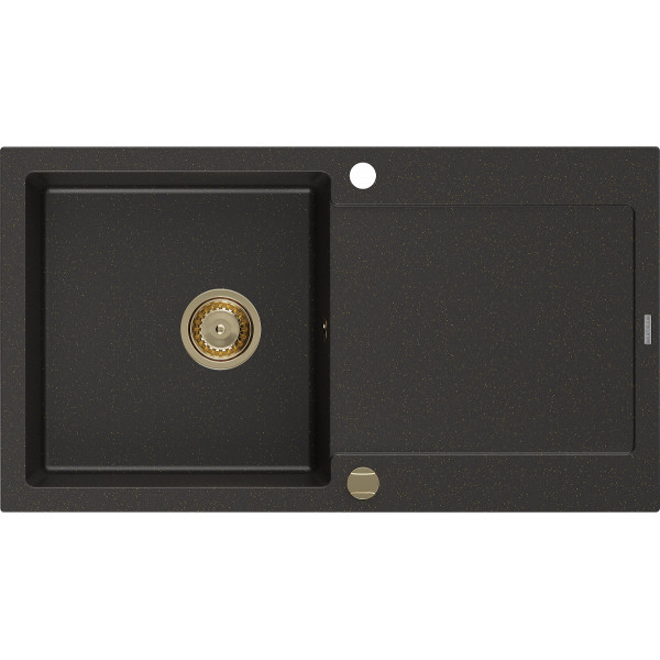 Mexen Leo   Chiuveta bucatarie granit 1 cuva + picurator+ cadou pop up sifon   900 x 500 mm, negru / auriu, sifon  auriu  - 6501901010-75-G