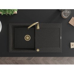 Mexen Leo   Chiuveta bucatarie granit 1 cuva + picurator+ cadou pop up sifon   900 x 500 mm, negru / auriu, sifon  auriu  - 6501901010-75-G
