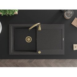 Mexen Leo   Chiuveta bucatarie granit 1 cuva + picurator+ cadou pop up sifon   900 x 500 mm, negru  piatra, sifon  auriu  - 6501901010-76-G