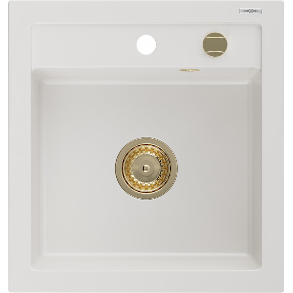 Mexen Vito   Chiuveta bucatarie granit 1 cuva + cadou pop up sifon  520 x 490 mm, alb , sifon  auriu  - 6503521000-20-G