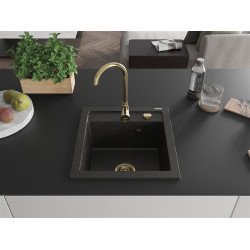 Mexen Vito   Chiuveta bucatarie granit 1 cuva + cadou pop up sifon  520 x 490 mm, negru / auriu, sifon  auriu  - 6503521000-75-G