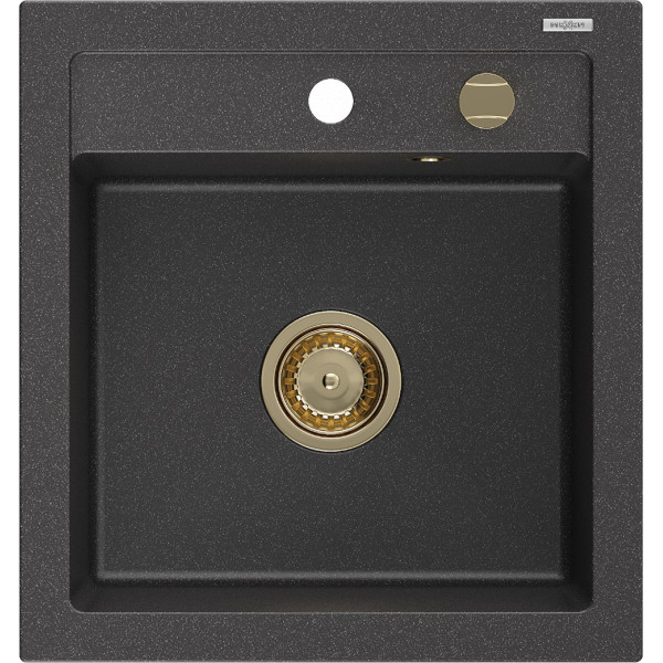 Mexen Vito   Chiuveta bucatarie granit 1 cuva + cadou pop up sifon  520 x 490 mm, negru  piatra, sifon  auriu  - 6503521000-76-G