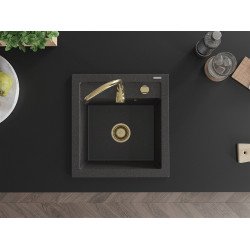Mexen Vito   Chiuveta bucatarie granit 1 cuva + cadou pop up sifon  520 x 490 mm, negru  piatra, sifon  auriu  - 6503521000-76-G