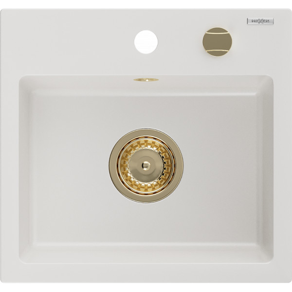 Mexen Milo   Chiuveta bucatarie granit 1 cuva + cadou pop up sifon  435 x 410 mm, alb , sifon  auriu  - 6505441000-20-G