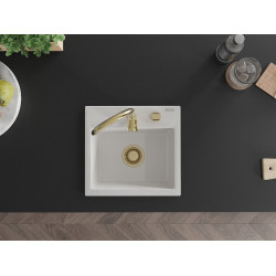 Mexen Milo   Chiuveta bucatarie granit 1 cuva + cadou pop up sifon  435 x 410 mm, alb , sifon  auriu  - 6505441000-20-G