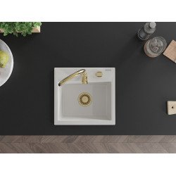 Mexen Milo   Chiuveta bucatarie granit 1 cuva + cadou pop up sifon  435 x 410 mm, alb , sifon  auriu  - 6505441000-20-G
