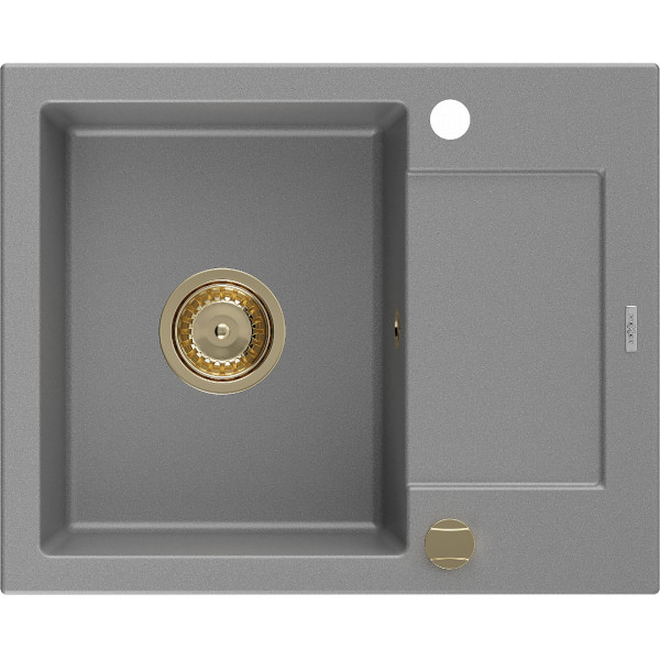 Mexen Enzo   Chiuveta bucatarie granit 1 cuva + picurator+ cadou pop up sifon   576 x 465 mm, gri , sifon  auriu  - 6506571005-71-G