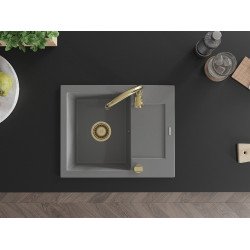 Mexen Enzo   Chiuveta bucatarie granit 1 cuva + picurator+ cadou pop up sifon   576 x 465 mm, gri , sifon  auriu  - 6506571005-71-G