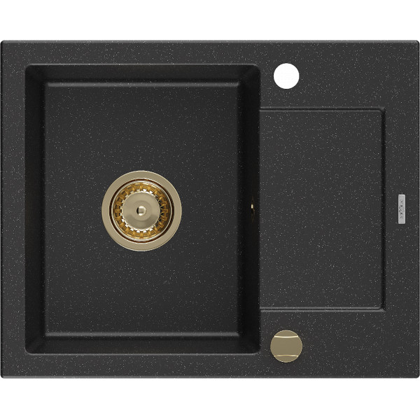 Mexen Enzo   Chiuveta bucatarie granit 1 cuva + picurator+ cadou pop up sifon   576 x 465 mm, negru / chrom, sifon  auriu  - 6506571005-73-G