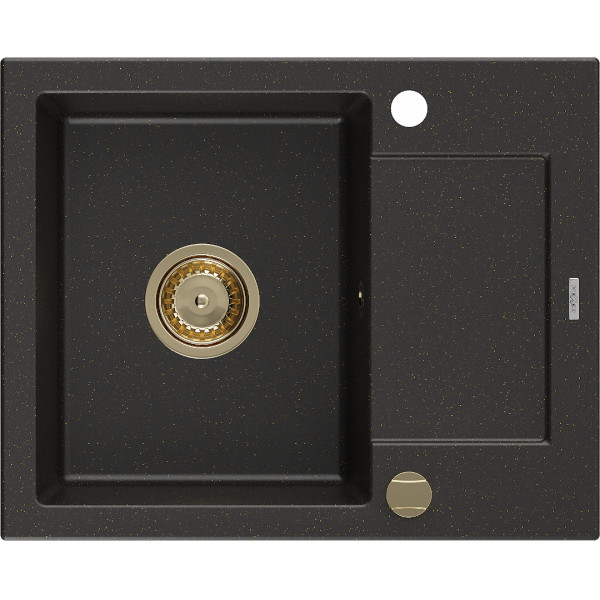 Mexen Enzo   Chiuveta bucatarie granit 1 cuva + picurator+ cadou pop up sifon   576 x 465 mm, negru / auriu, sifon  auriu  - 6506571005-75-G