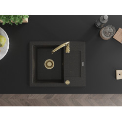 Mexen Enzo   Chiuveta bucatarie granit 1 cuva + picurator+ cadou pop up sifon   576 x 465 mm, negru / auriu, sifon  auriu  - 6506571005-75-G