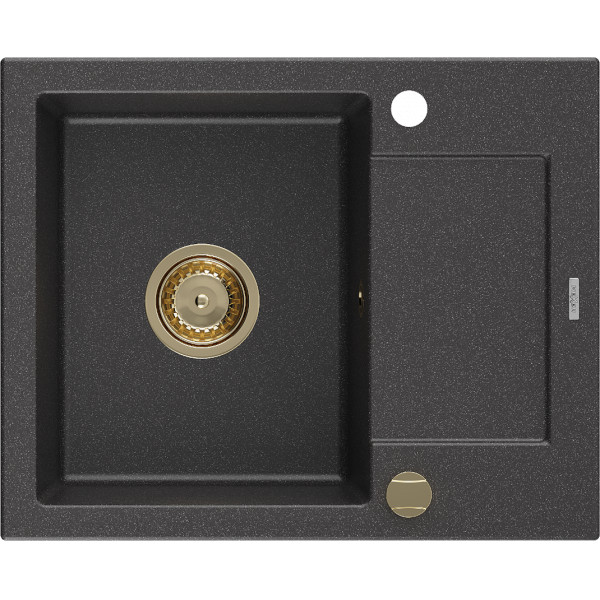 Mexen Enzo   Chiuveta bucatarie granit 1 cuva + picurator+ cadou pop up sifon   576 x 465 mm, negru  piatra, sifon  auriu  - 6506571005-76-G