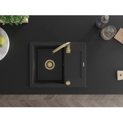 Mexen Enzo   Chiuveta bucatarie granit 1 cuva + picurator+ cadou pop up sifon   576 x 465 mm, negru , sifon  auriu  - 6506571005-77-G
