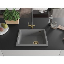 Mexen Pedro   Chiuveta bucatarie granit 1 cuva + cadou pop up sifon  560 x 460 mm, gri , sifon  auriu  - 6508561000-71-G