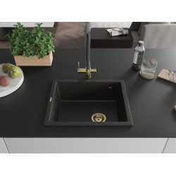 Mexen Pedro   Chiuveta bucatarie granit 1 cuva + cadou pop up sifon  560 x 460 mm, negru / auriu, sifon  auriu  - 6508561000-75-G
