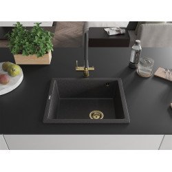 Mexen Pedro   Chiuveta bucatarie granit 1 cuva + cadou pop up sifon  560 x 460 mm, negru  piatra, sifon  auriu  - 6508561000-76-G