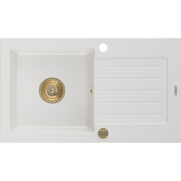 Mexen Pablo   Chiuveta bucatarie granit 1 cuva + picurator+ cadou pop up sifon   752 x 436 mm, alb , sifon  auriu  - 6510751010-20-G