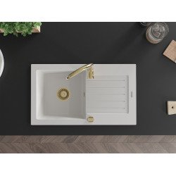 Mexen Pablo   Chiuveta bucatarie granit 1 cuva + picurator+ cadou pop up sifon   752 x 436 mm, alb , sifon  auriu  - 6510751010-20-G