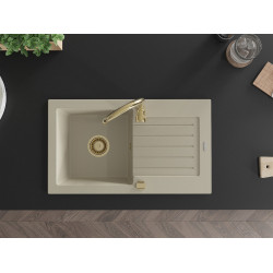 Mexen Pablo   Chiuveta bucatarie granit 1 cuva + picurator+ cadou pop up sifon   752 x 436 mm, beige, sifon  auriu  - 6510751010-69-G