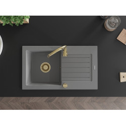 Mexen Pablo   Chiuveta bucatarie granit 1 cuva + picurator+ cadou pop up sifon   752 x 436 mm, gri , sifon  auriu  - 6510751010-71-G