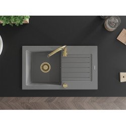 Mexen Pablo   Chiuveta bucatarie granit 1 cuva + picurator+ cadou pop up sifon   752 x 436 mm, gri , sifon  auriu  - 6510751010-71-G