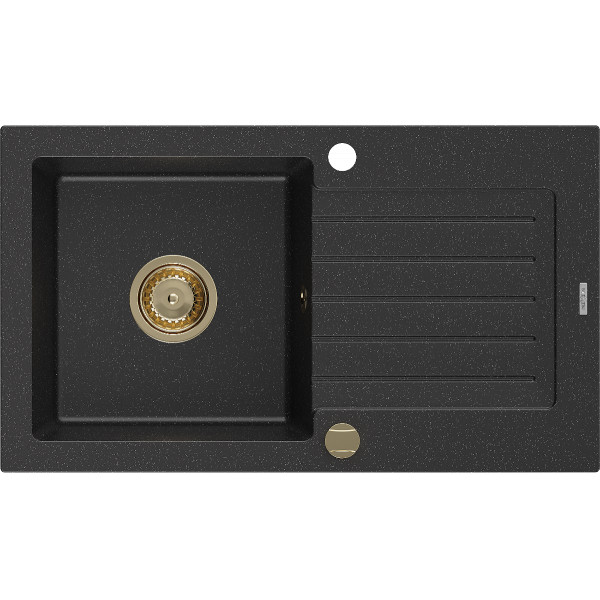 Mexen Pablo   Chiuveta bucatarie granit 1 cuva + picurator+ cadou pop up sifon   752 x 436 mm, negru / chrom, sifon  auriu  - 6510751010-73-G