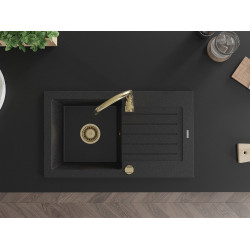 Mexen Pablo   Chiuveta bucatarie granit 1 cuva + picurator+ cadou pop up sifon   752 x 436 mm, negru / chrom, sifon  auriu  - 6510751010-73-G