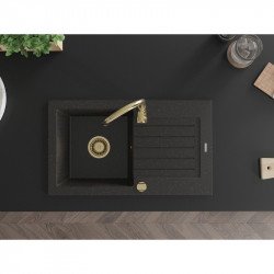 Mexen Pablo   Chiuveta bucatarie granit 1 cuva + picurator+ cadou pop up sifon   752 x 436 mm, negru / auriu, sifon  auriu  - 6510751010-75-G