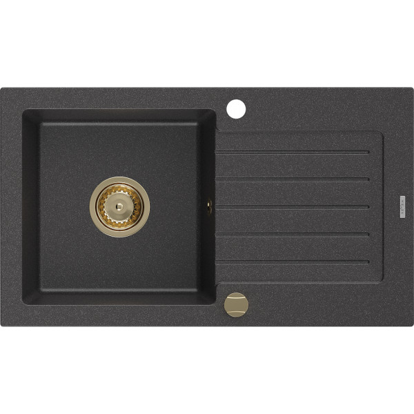 Mexen Pablo   Chiuveta bucatarie granit 1 cuva + picurator+ cadou pop up sifon   752 x 436 mm, negru  piatra, sifon  auriu  - 6510751010-76-G