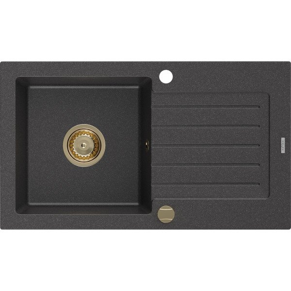 Mexen Pablo   Chiuveta bucatarie granit 1 cuva + picurator+ cadou pop up sifon   752 x 436 mm, negru  piatra, sifon  auriu  - 6510751010-76-G