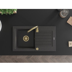 Mexen Pablo   Chiuveta bucatarie granit 1 cuva + picurator+ cadou pop up sifon   752 x 436 mm, negru  piatra, sifon  auriu  - 6510751010-76-G